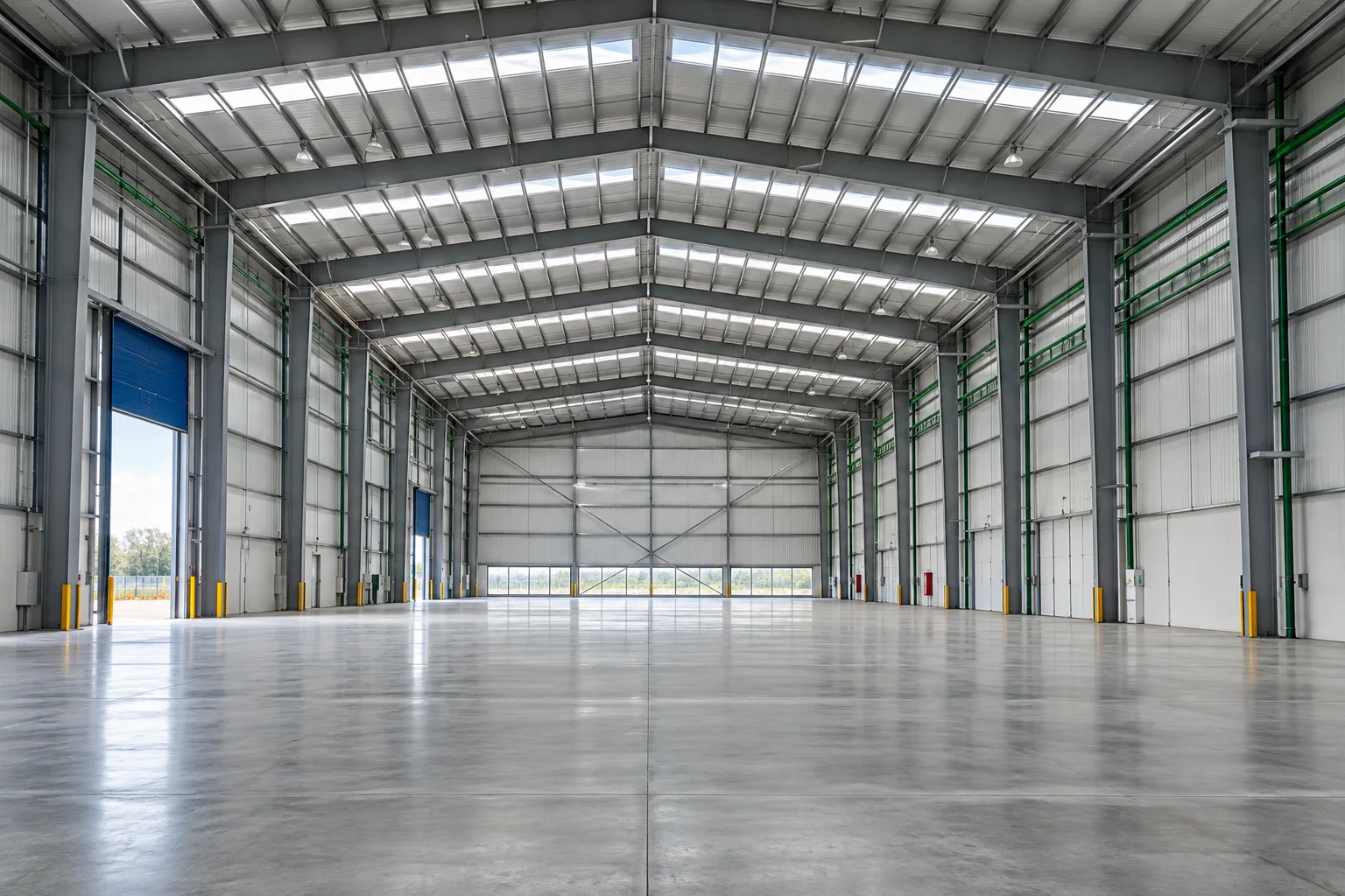 Nave industrial con estructura metálica, piso de concreto y luz natural.