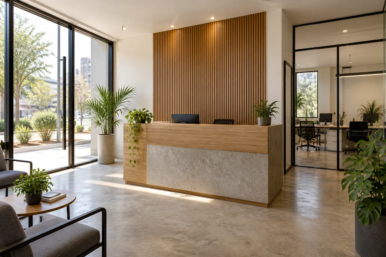 Espacio comercial contemporáneo con recepción, luz natural y acabados cálidos.