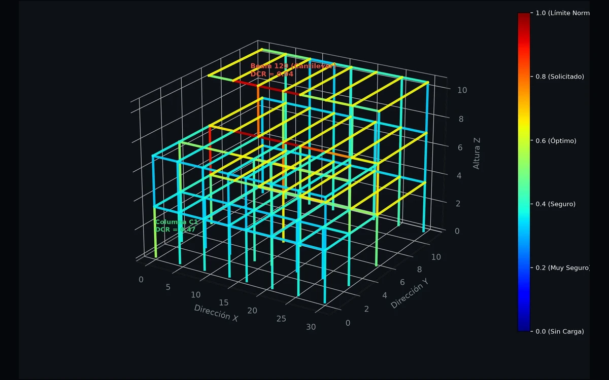 Modelo tridimensional del edificio con cada barra coloreada según
             qué tan cargada está respecto al límite de la norma.